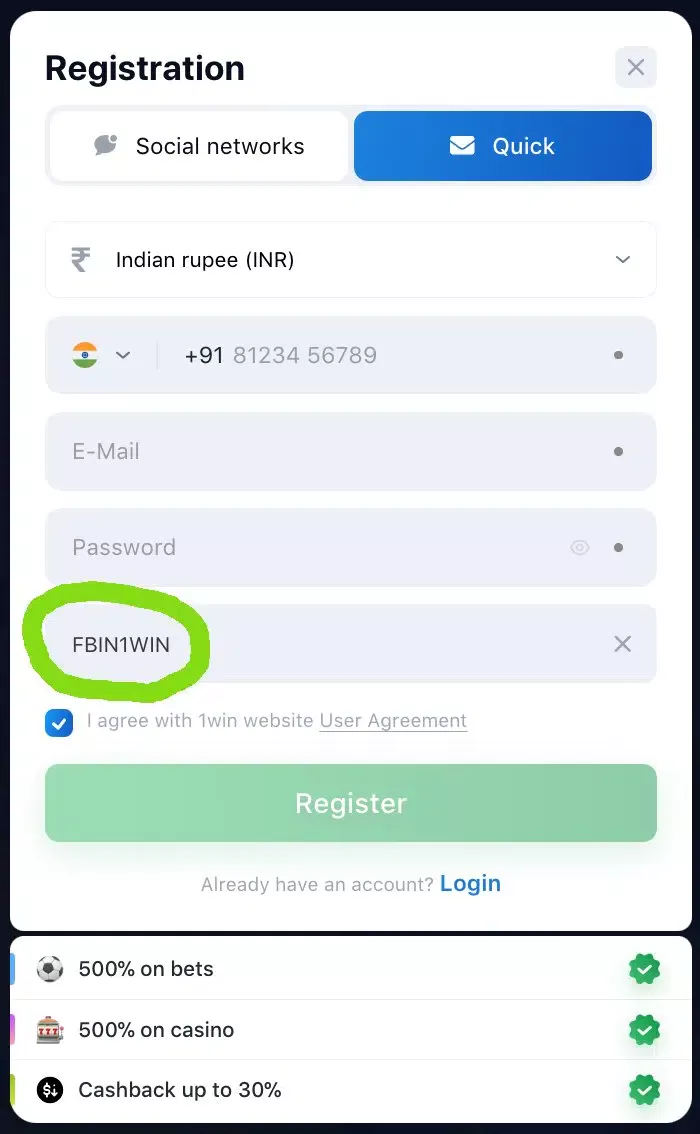 1win registration promo code