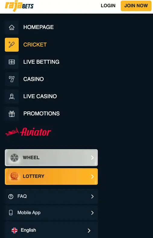 rajabets mobile menu